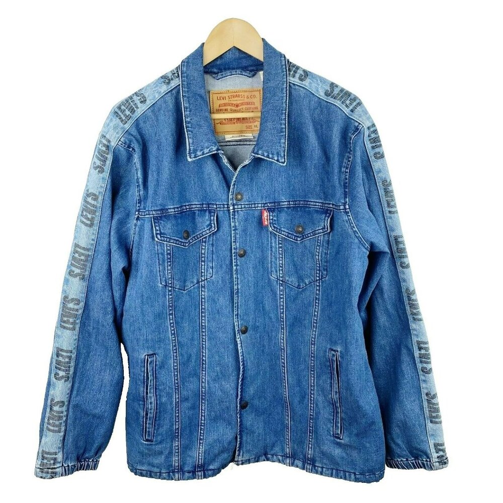 Levi's Jean Jacket Mens Size XL Track Coach Trucker Denim Blue Spell Out